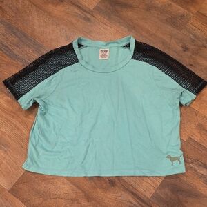 PINK Victoria's Secret Teal Crop Top with Black Mesh Sleeves